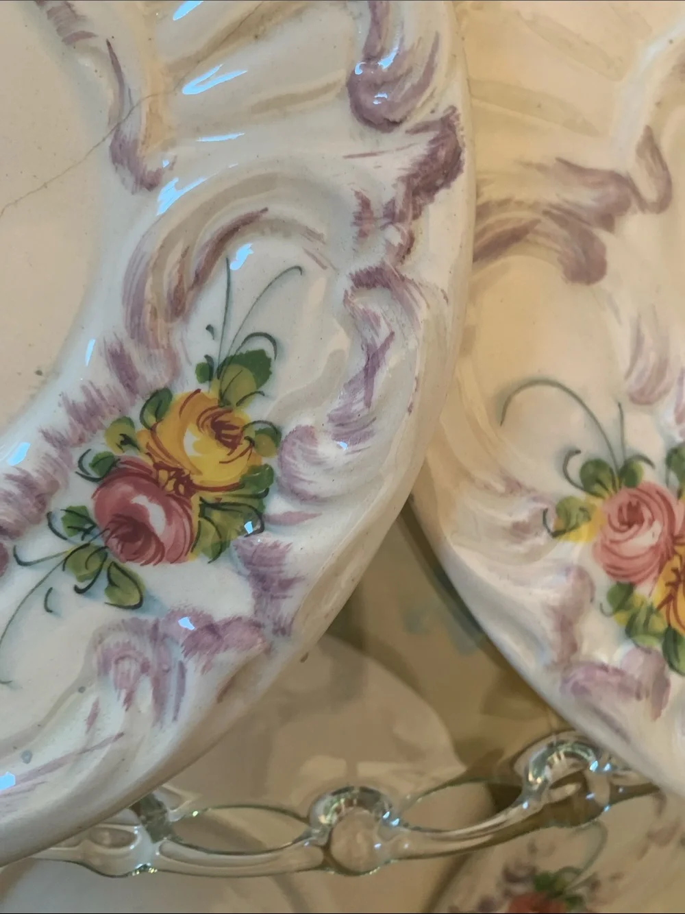 ITALY marked Floral Dessert Plate Set in Purple and Yellow – Old - S/6